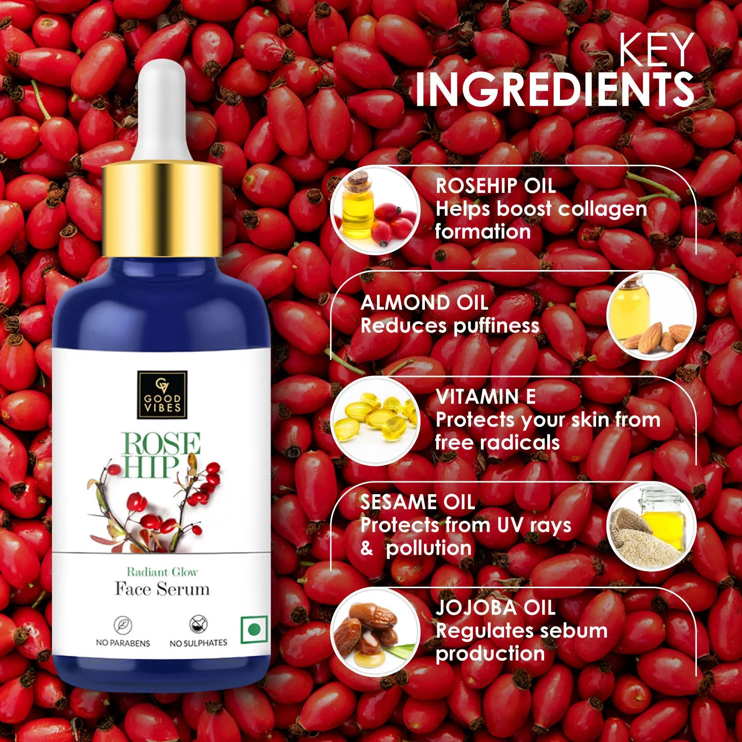 Good Vibes Rosehip Radiant Glow Face Serum | Light, Non-Sticky, Brightening | With Vitamin E | No Parabens, No Sulphates, No Animal Testing (30 ml)