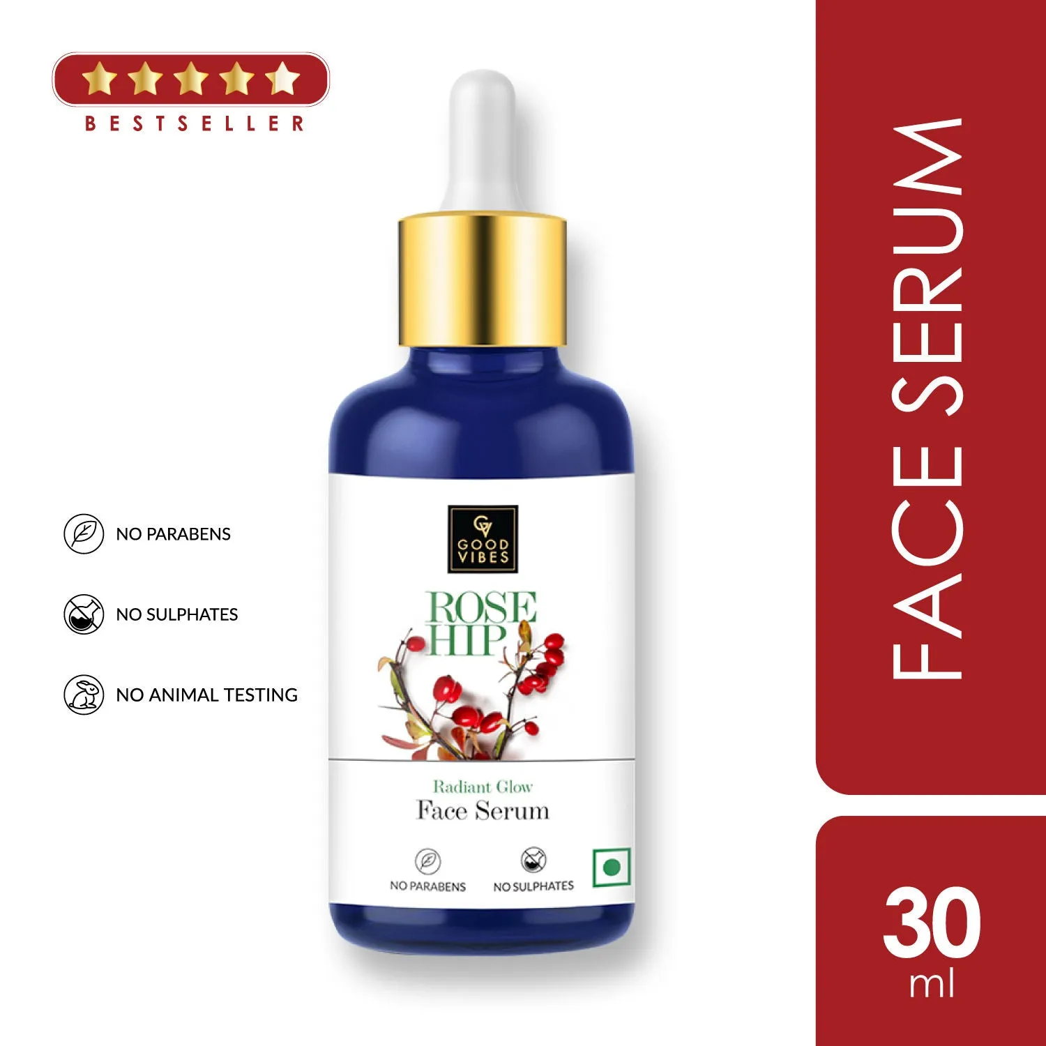 Good Vibes Rosehip Radiant Glow Face Serum | Light, Non-Sticky, Brightening | With Vitamin E | No Parabens, No Sulphates, No Animal Testing (30 ml)