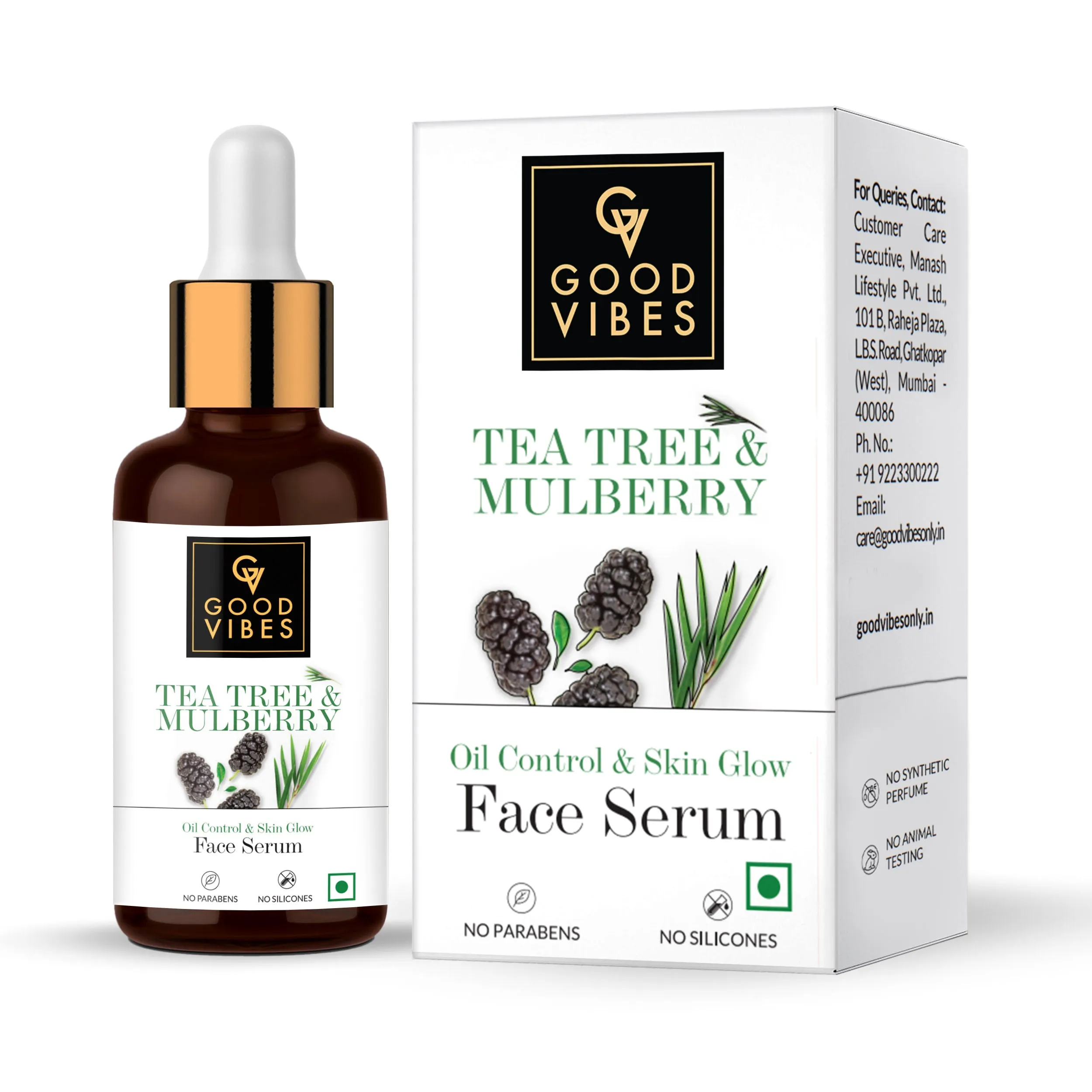 Good Vibes Tea Tree   Mulberry Skin Glow & Oil Control Serum | Anti-Ageing| With Castor Oil | No Parabens, No Sulphates, No Silicones (30 ml)