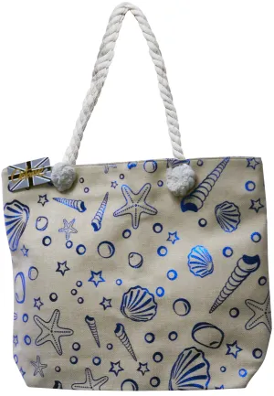 OCTAVE Ladies Summer Beach Tote Handbag - Sea Shells Foil Print Design - Blue Foil