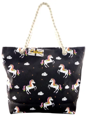 OCTAVE Ladies Summer Beach Tote Handbag - Unicorn Design - Black