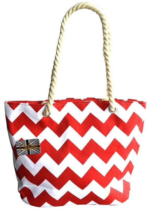 OCTAVE Ladies Summer Beach Tote Handbag - Zigzag Design - Red & White